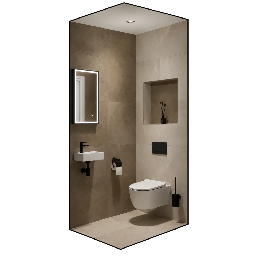 Voorbeeld van een afgewerkte toiletruimte met wandpanelen, zwevend toilet en fontein